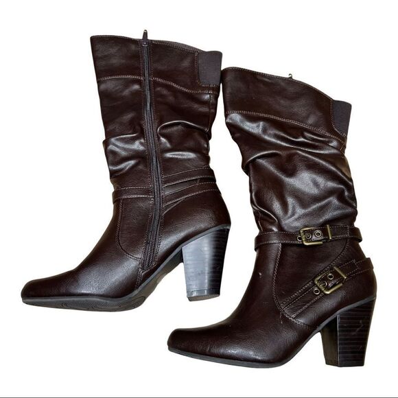 White Mountain Women's 7M faux fake leather dark espresso brown tall boots - Picture 2 of 12